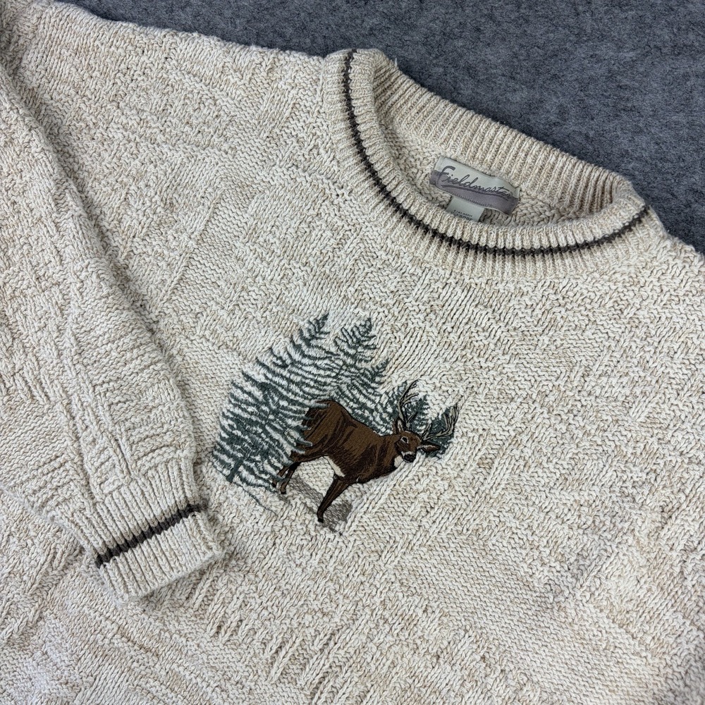 Vintage Fieldmaster Sweater XL Deer Embroidered Knit USA Made Cabin Granola Hike
